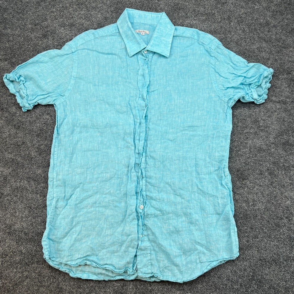 Puro Lino Shirt Mens Large Blue Linen Button Up Short Sleeve Casual Summer